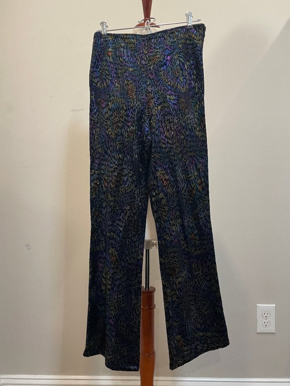 Black Velour Pants with Metallic Multicolor Textured Curved Pattern